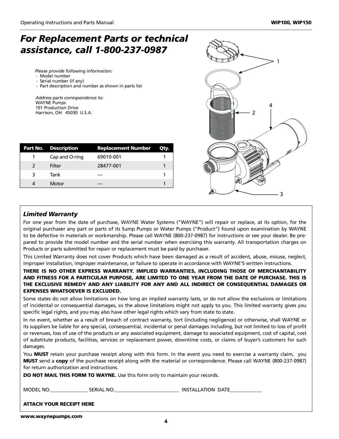 Wayne WIP150, WIP100 operating instructions For Replacement Parts or technical assistance, call, Attach Your Receipt Here 