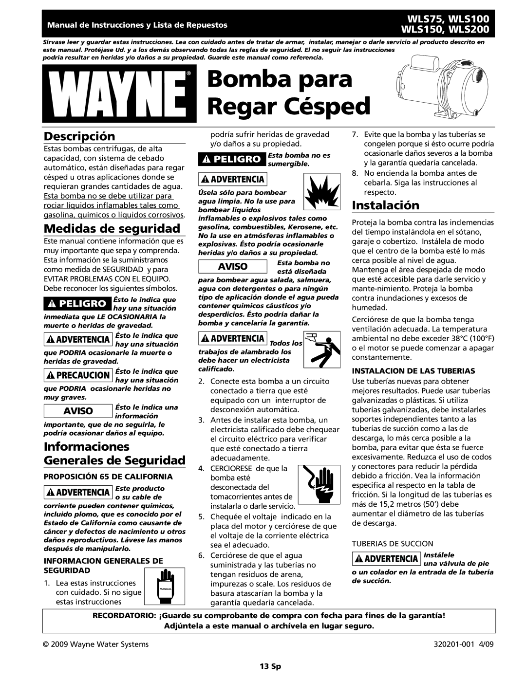 Wayne WLS200, WLS75, WLS100, WLS150 warranty Descripción, Medidas de seguridad, Instalación 