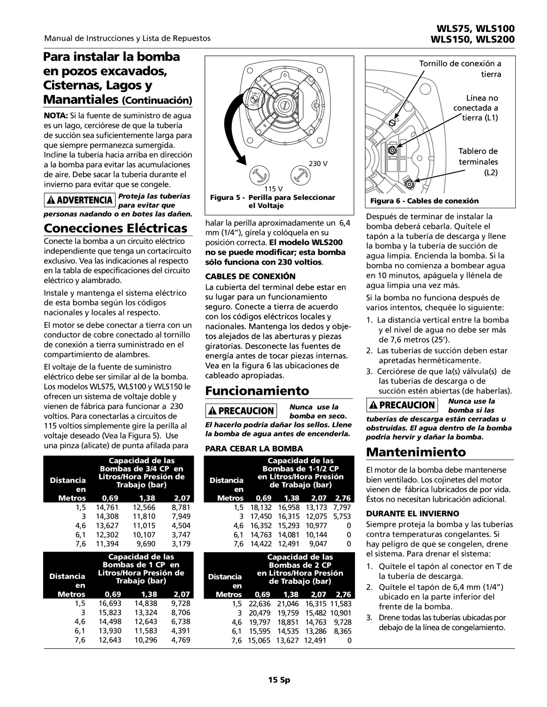 Wayne WLS150, WLS75, WLS200, WLS100 warranty Conecciones Eléctricas, Funcionamiento, Mantenimiento 