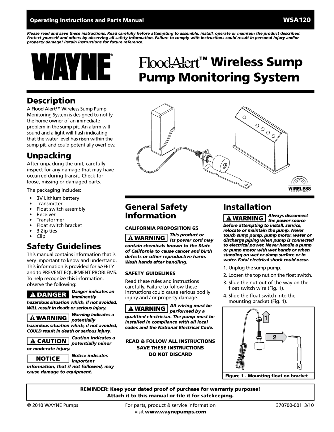 Wayne 370700-001, WSA120 warranty Description, Unpacking, Safety Guidelines, General Safety Information, Installation 