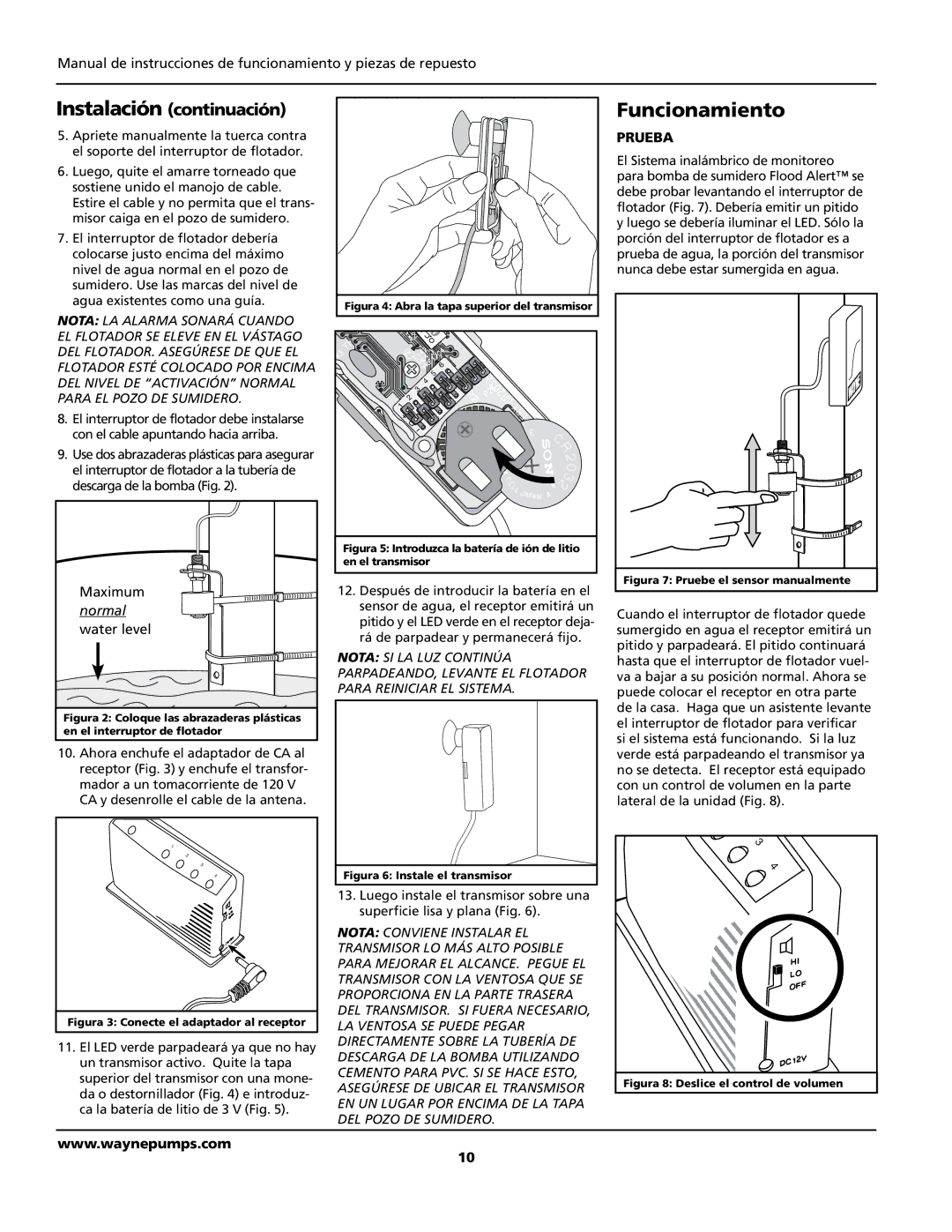 Wayne WSA120, 370700-001 warranty Funcionamiento, Prueba 