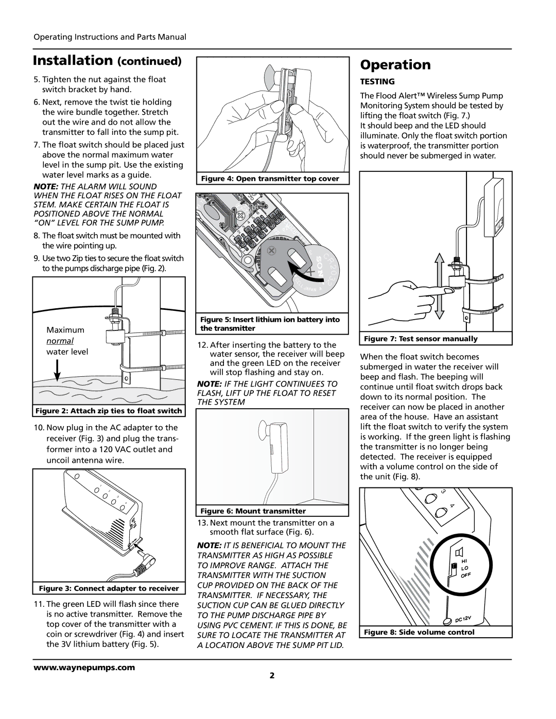 Wayne WSA120, 370700-001 warranty Operation, Testing 