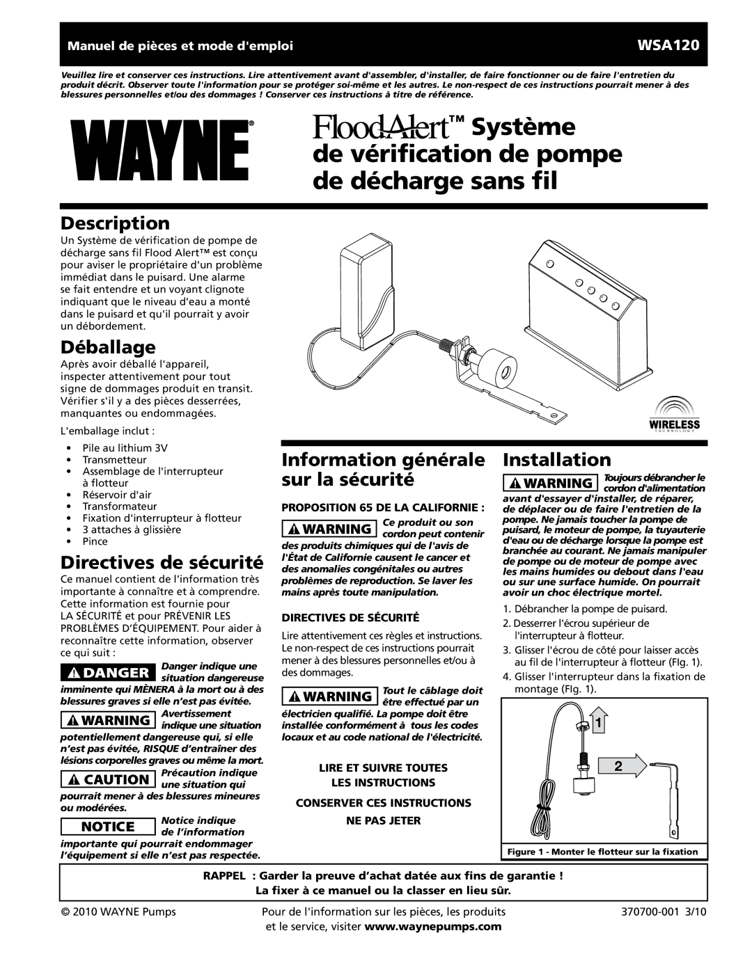 Wayne 370700-001 Déballage, Directives de sécurité, Information générale sur la sécurité, Proposition 65 DE LA Californie 