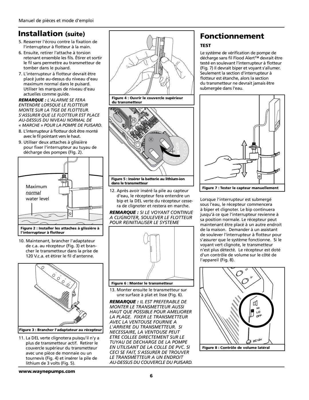 Wayne WSA120, 370700-001 warranty Installation suite, Fonctionnement, Test 