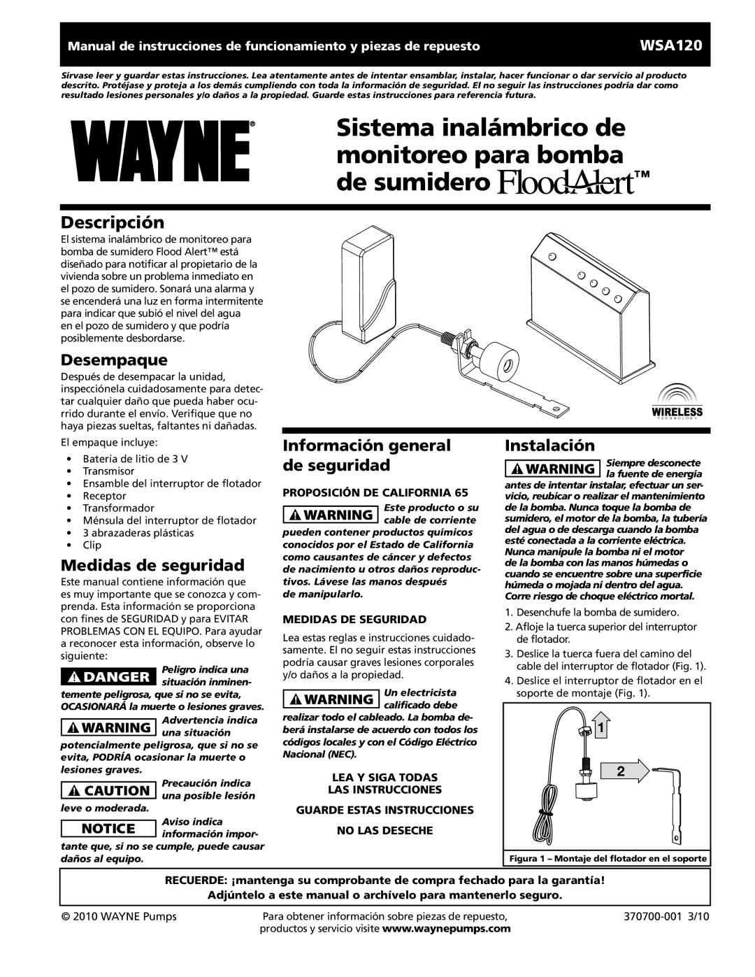 Wayne 370700-001, WSA120 warranty Desempaque, Medidas de seguridad, Información general de seguridad, Instalación 