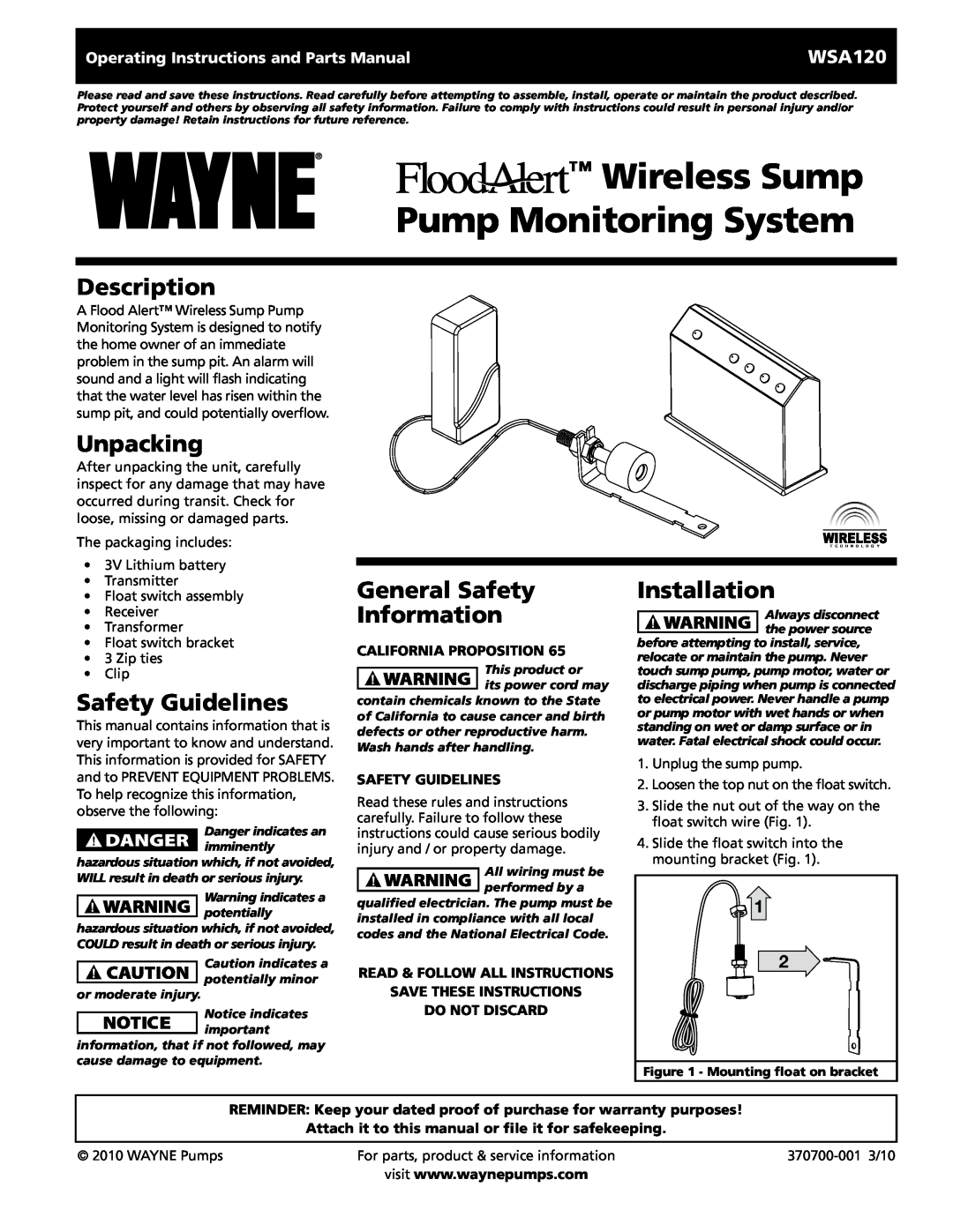 Wayne 370700-001 warranty Description, Unpacking, Safety Guidelines, General Safety Information, Installation, WSA120 