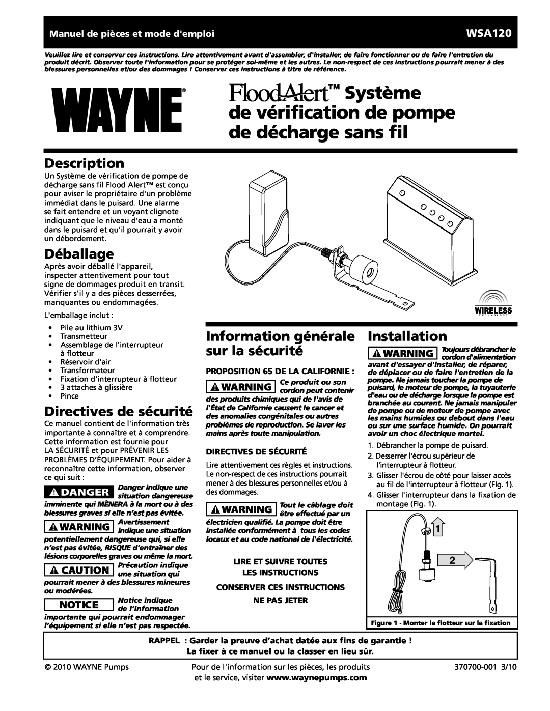 Wayne 370700-001 Système, de vérification de pompe de décharge sans fil, Déballage, Directives de sécurité, Description 