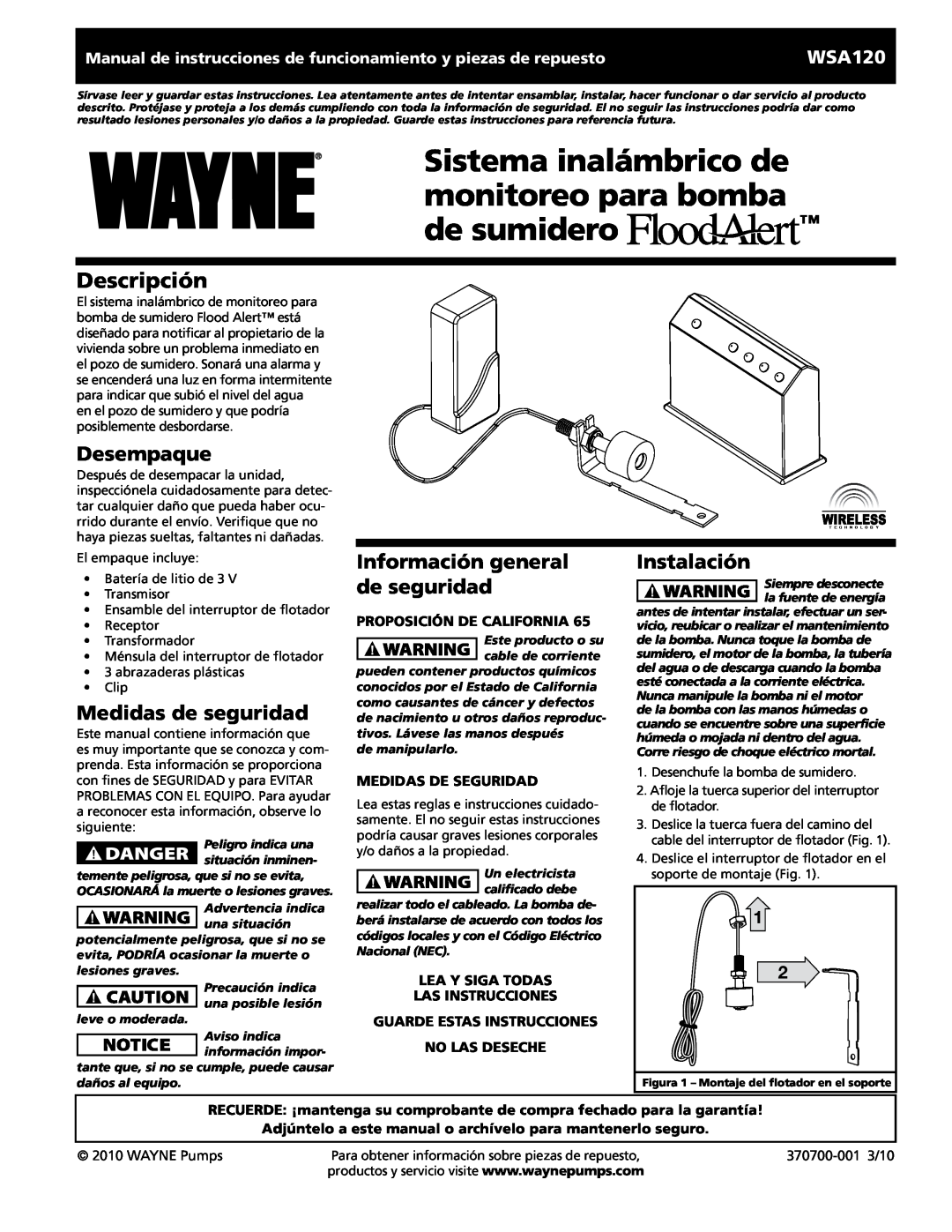 Wayne 370700-001 Sistema inalámbrico de monitoreo para bomba, de sumidero, Desempaque, Medidas de seguridad, Instalación 