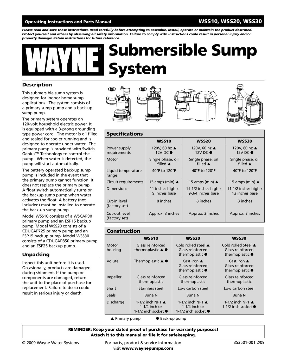 Wayne WSS20, WSS10, WSS30, 353501-001 specifications Description, Specifications, Construction, Unpacking 