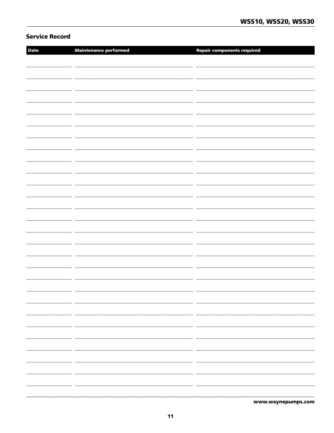 Wayne 353501-001, WSS10, WSS20, WSS30 specifications Service Record 