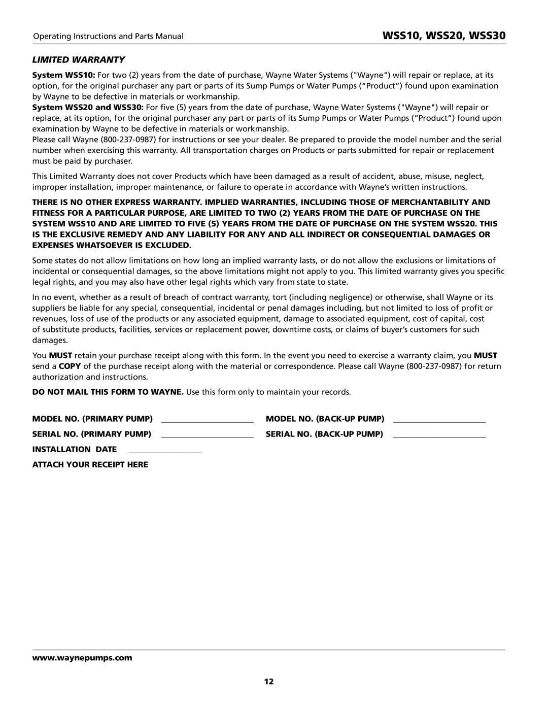 Wayne WSS10, WSS20, WSS30, 353501-001 specifications Limited Warranty 