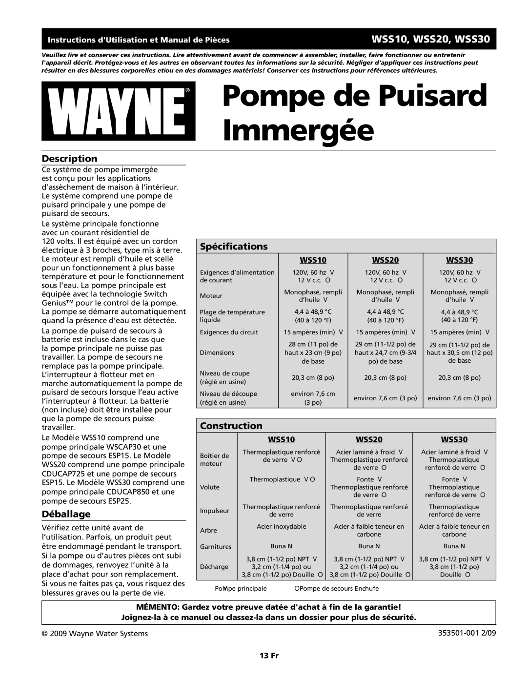 Wayne WSS20, WSS10, WSS30, 353501-001 specifications Spécifications, Déballage 