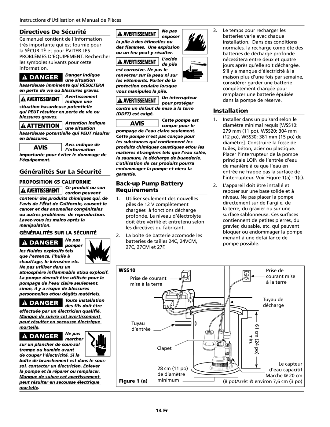 Wayne WSS30, WSS10, WSS20, 353501-001 specifications Directives De Sécurité, Généralités Sur La Sécurité, Back-up Pump Battery 