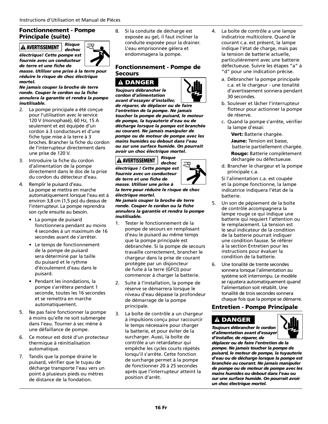 Wayne WSS10, WSS20 Fonctionnement Pompe Principale suite, Fonctionnement Pompe de Secours, Entretien Pompe Principale 