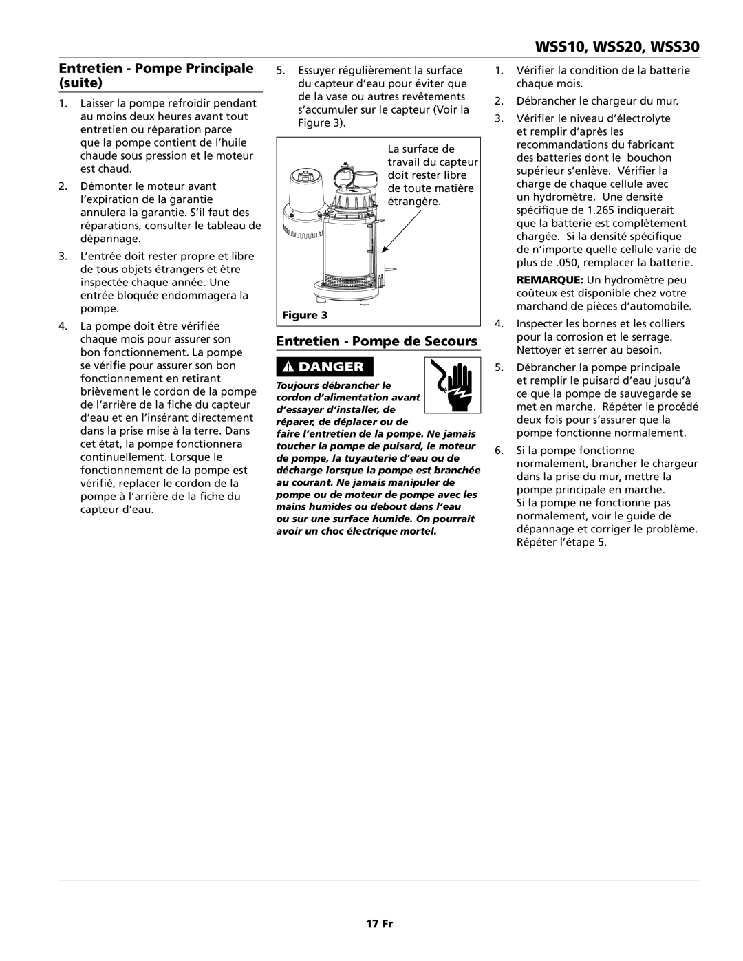 Wayne WSS20, WSS10, WSS30, 353501-001 specifications Entretien Pompe Principale suite, Entretien Pompe de Secours 