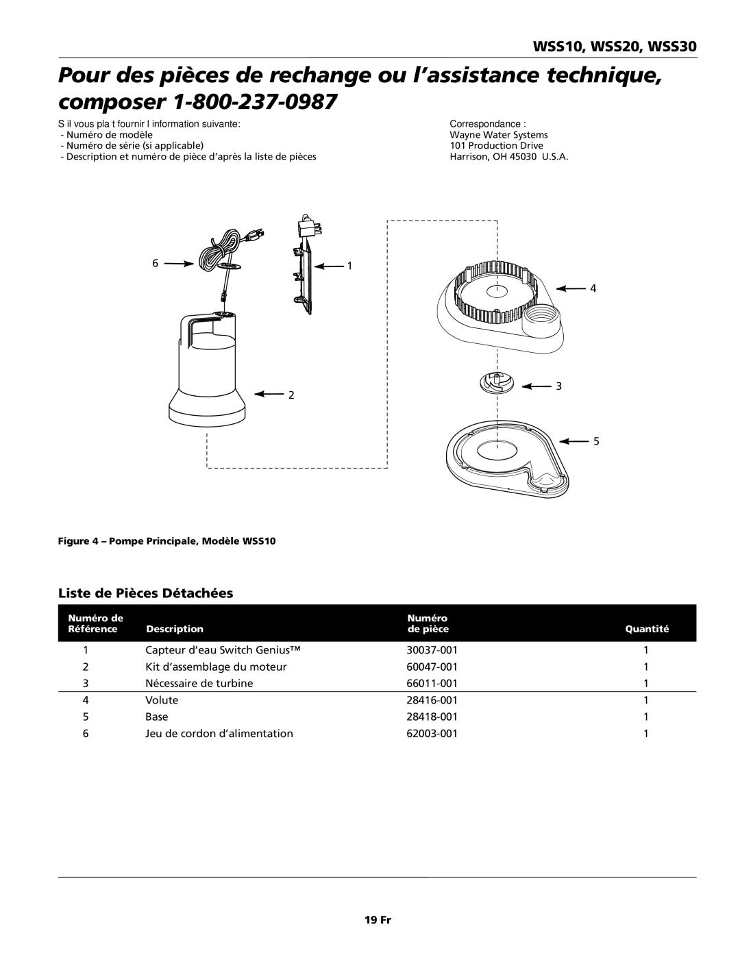 Wayne 353501-001, WSS20, WSS30 specifications Liste de Pièces Détachées, Pompe Principale, Modèle WSS10 