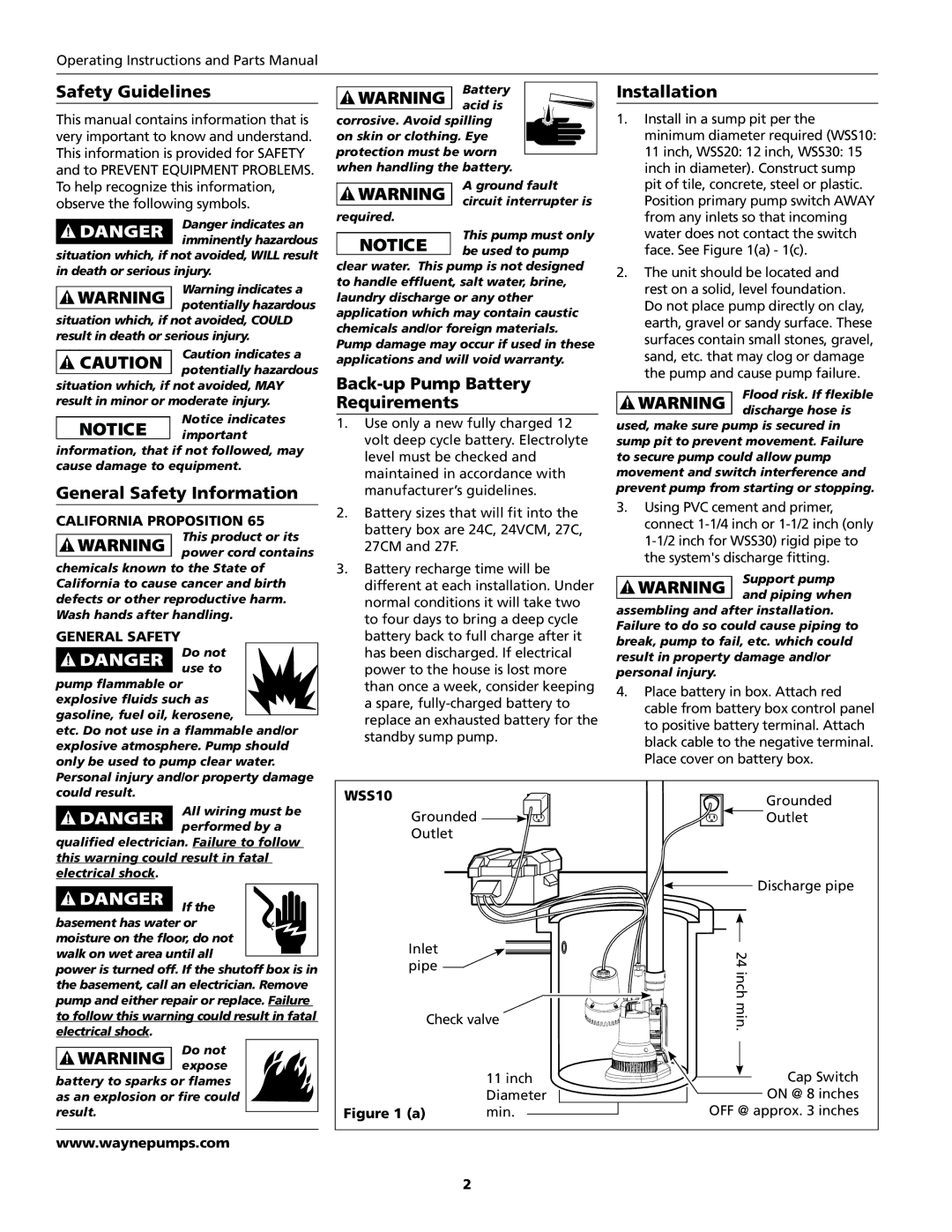 Wayne WSS30, WSS10, WSS20 Safety Guidelines, General Safety Information, Back-up Pump Battery Requirements, Installation 