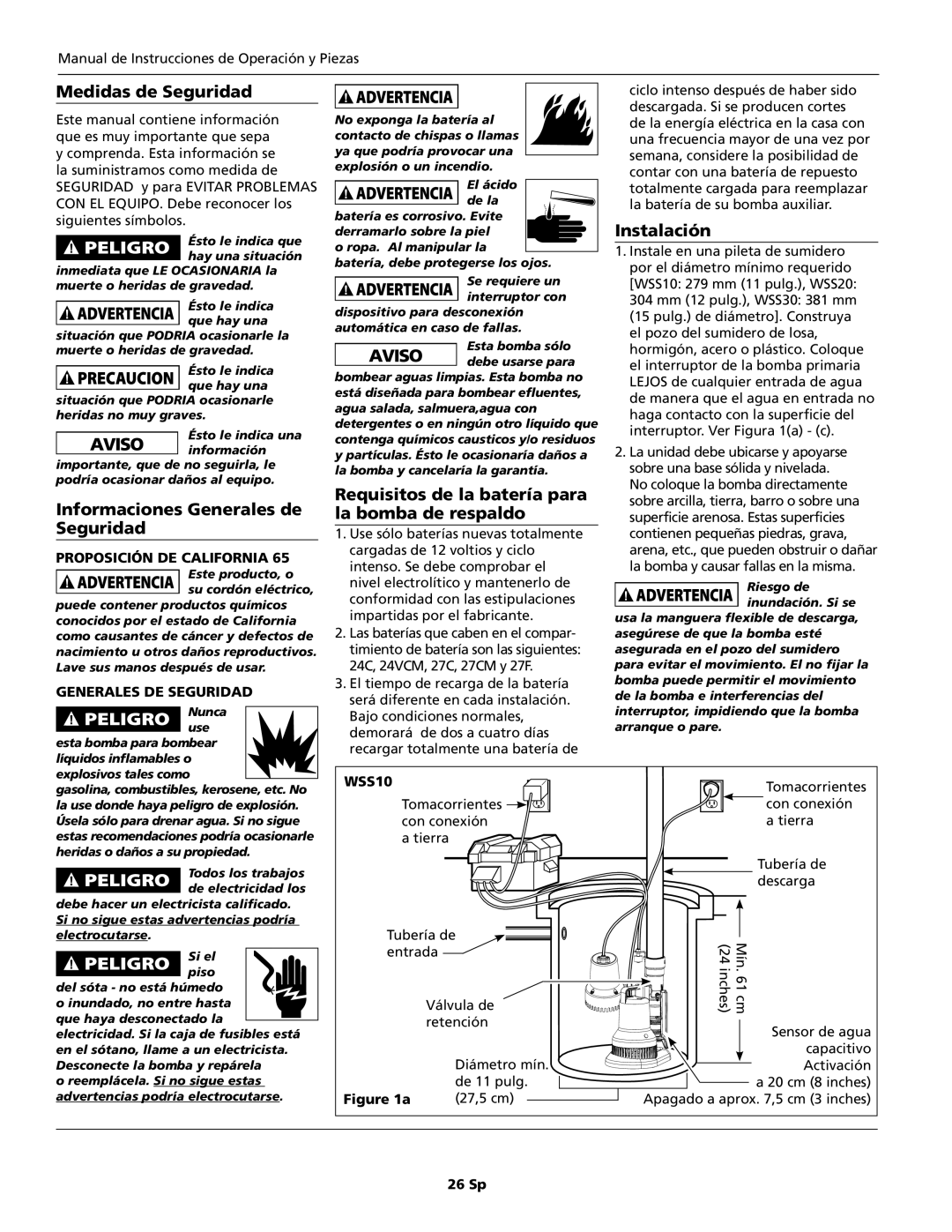 Wayne WSS30 Medidas de Seguridad, Informaciones Generales de Seguridad, Requisitos de la batería para la bomba de respaldo 