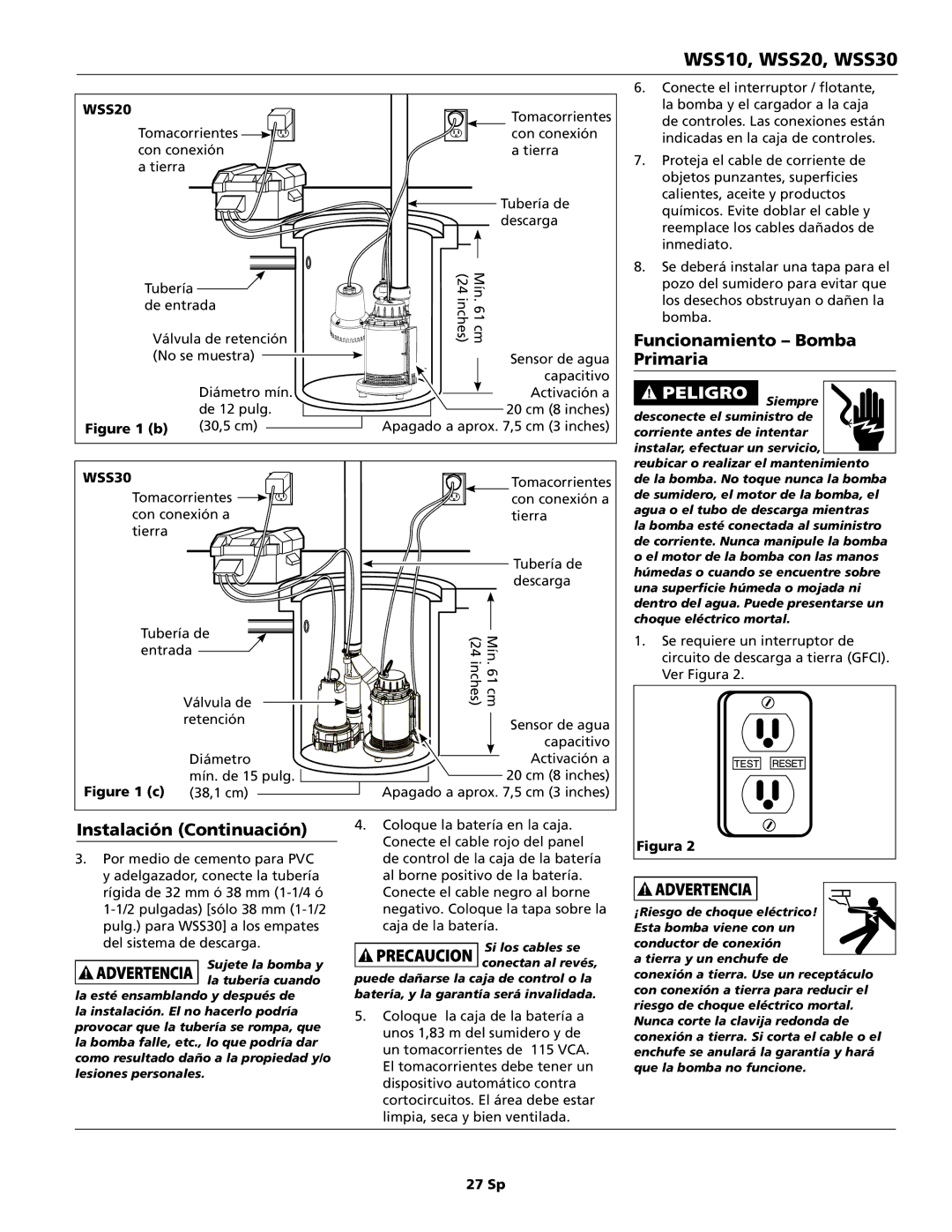 Wayne 353501-001, WSS10, WSS20, WSS30 specifications Funcionamiento Bomba Primaria, Instalación Continuación 