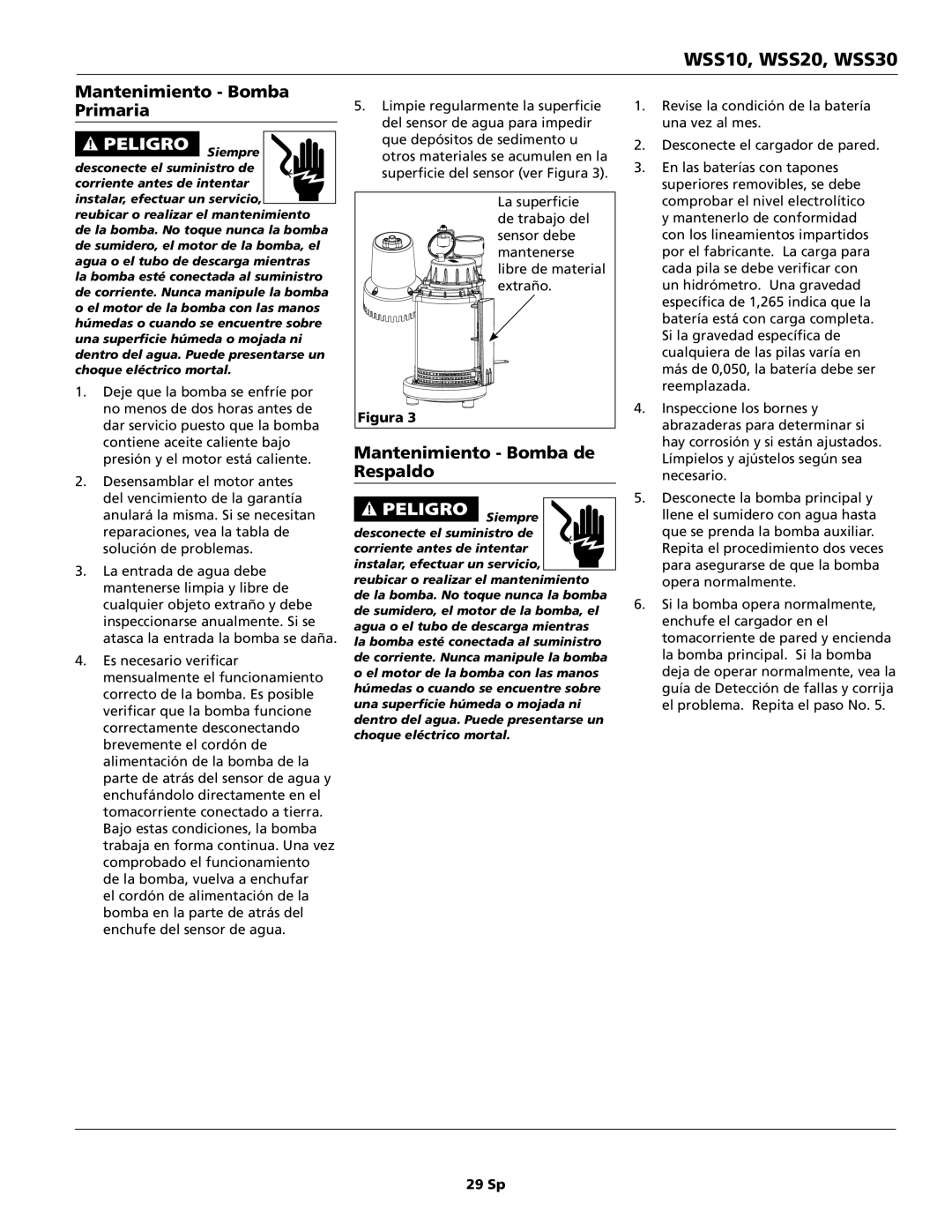 Wayne WSS20, WSS10, WSS30, 353501-001 specifications Mantenimiento Bomba Primaria, Mantenimiento Bomba de Respaldo 