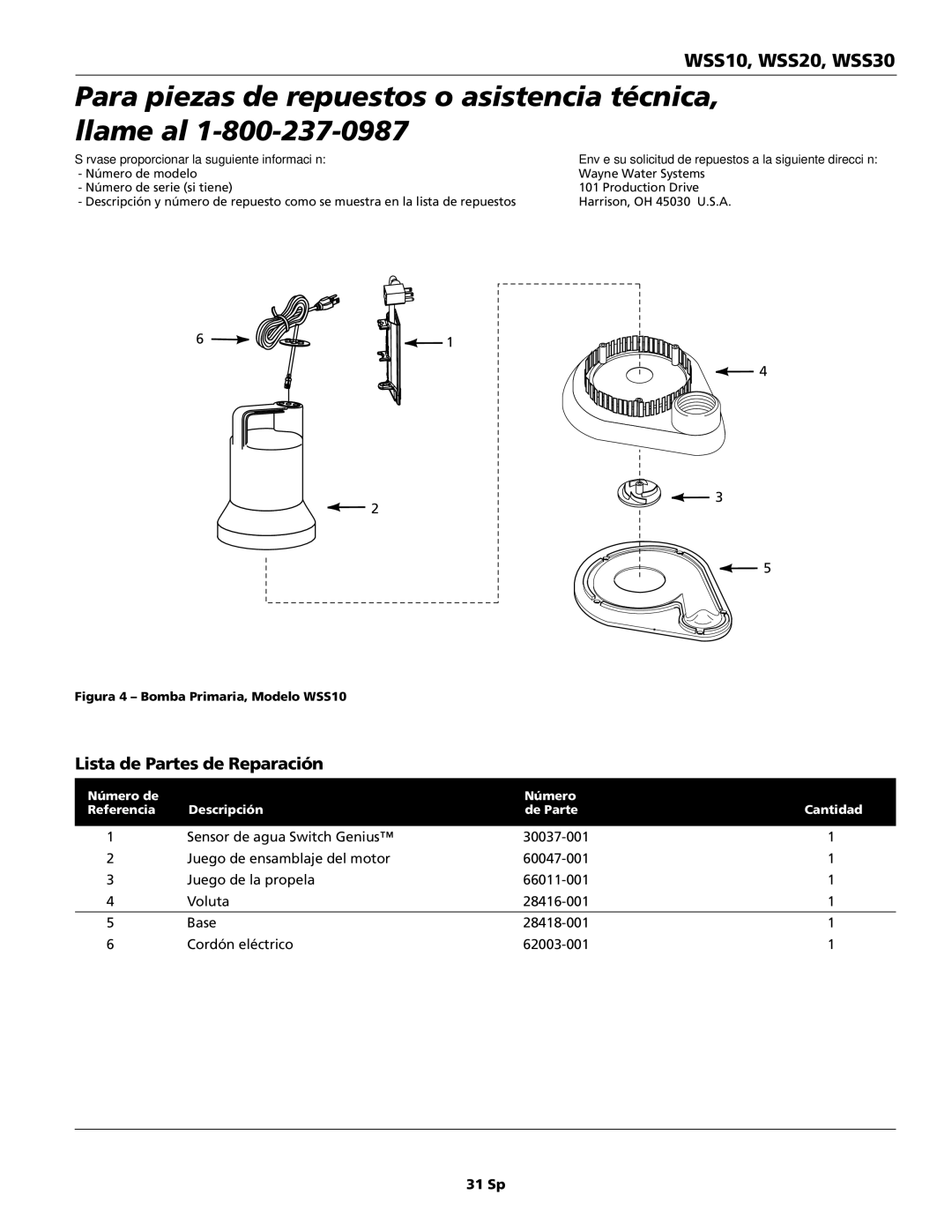Wayne 353501-001, WSS10, WSS20, WSS30 Para piezas de repuestos o asistencia técnica, llame al, Lista de Partes de Reparación 