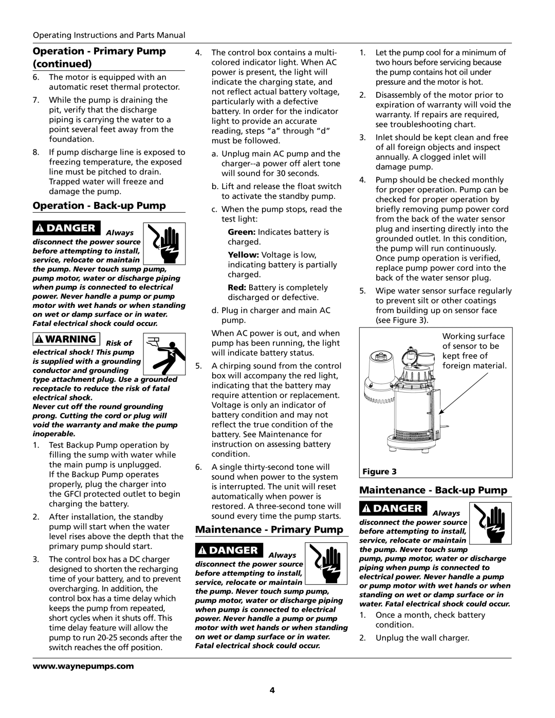 Wayne WSS10, WSS20, WSS30, 353501-001 Operation Back-up Pump, Maintenance Back-up Pump, Maintenance Primary Pump 