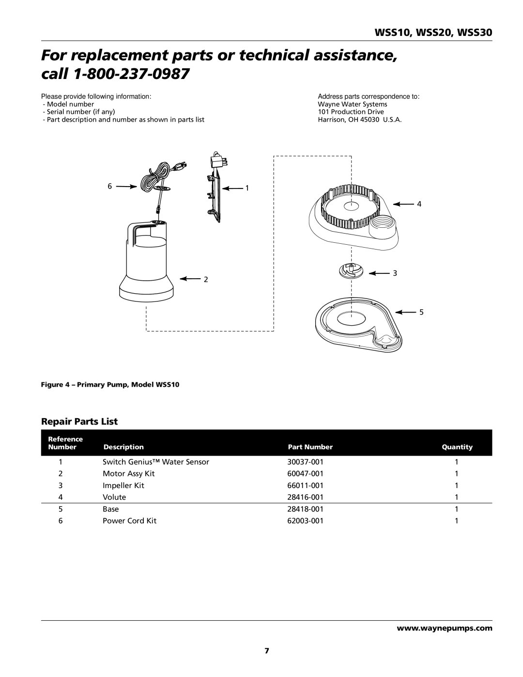 Wayne 353501-001, WSS10, WSS20, WSS30 specifications For replacement parts or technical assistance, call, Repair Parts List 