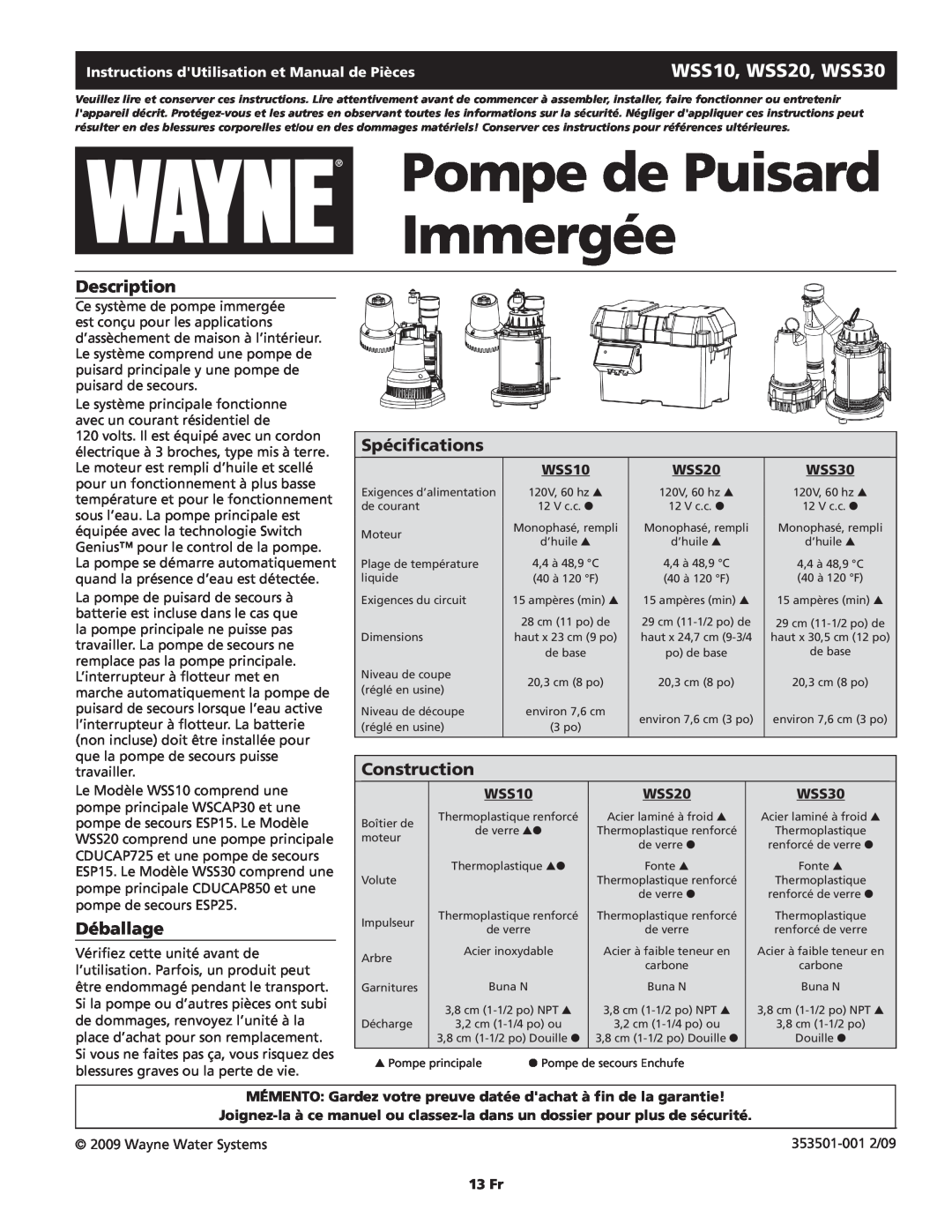 Wayne WSS20 Pompe de Puisard Immergée, Spécifications, Déballage, Instructions dUtilisation et Manual de Pièces, 13 Fr 