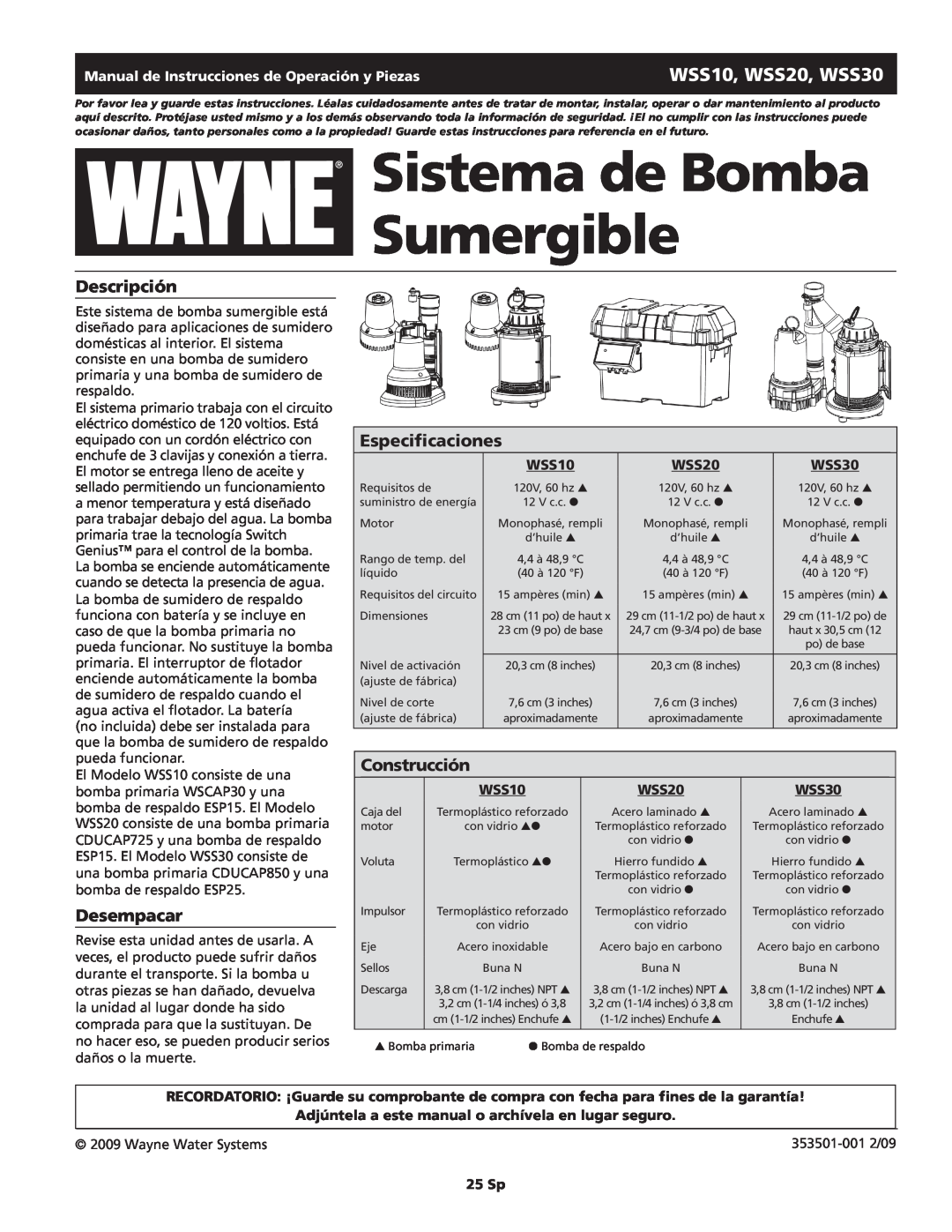 Wayne WSS20 Sistema de Bomba Sumergible, Descripción, Especificaciones, Construcción, Desempacar, 25 Sp, WSS10, WSS30 
