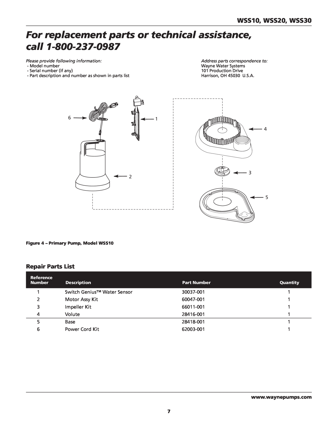 Wayne 353501-001 specifications Repair Parts List, WSS10, WSS20, WSS30 