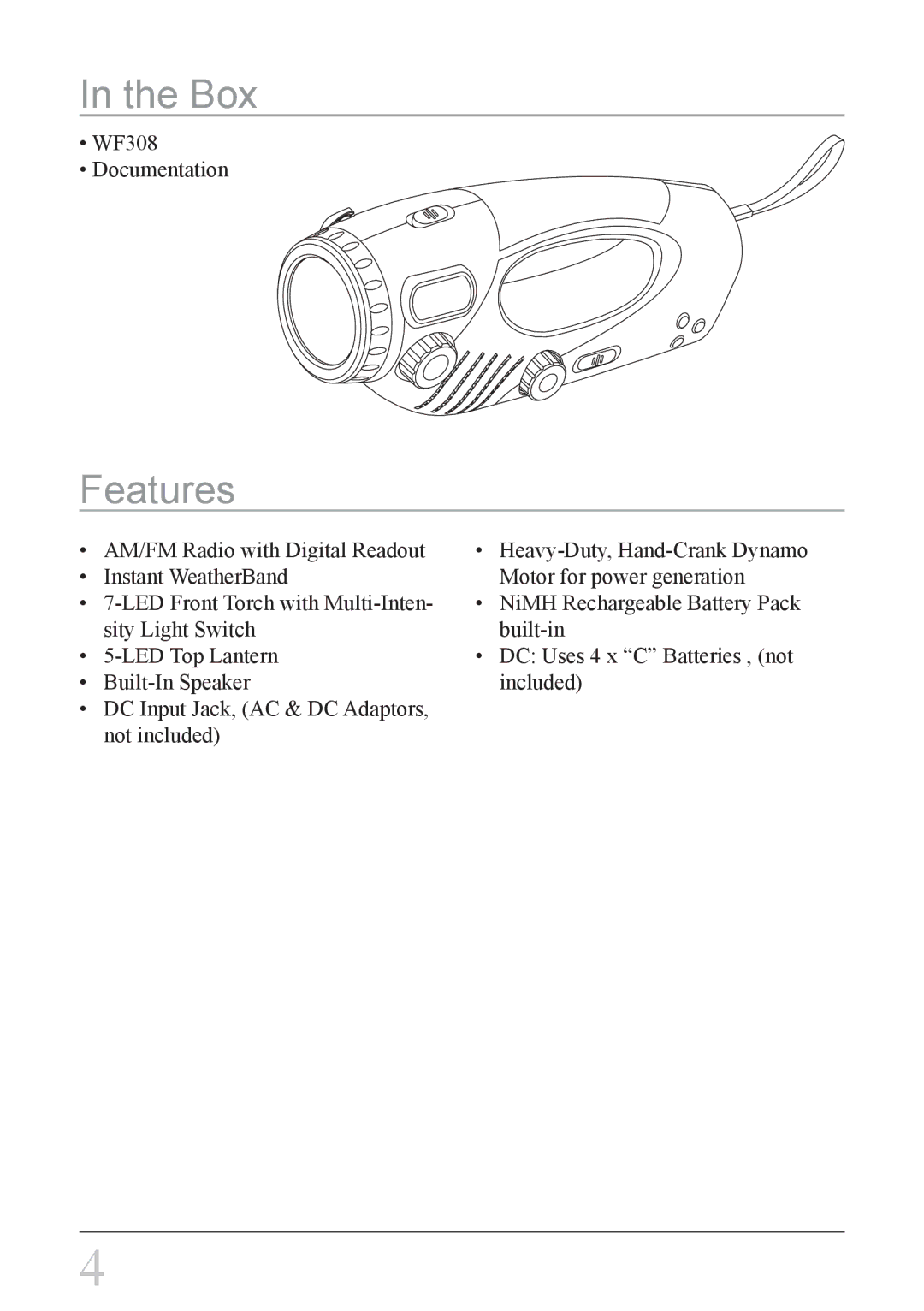 Weather X WF308 instruction manual Box, Features 