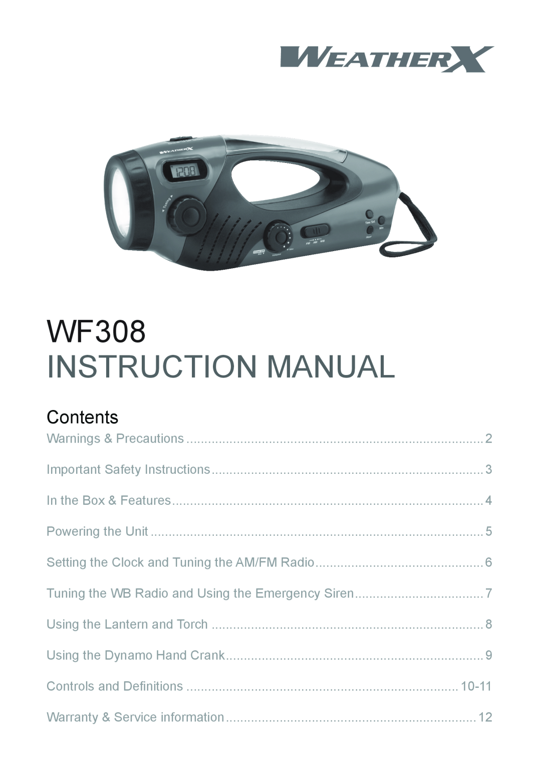 Weather X WF308 instruction manual Contents, 10-11 