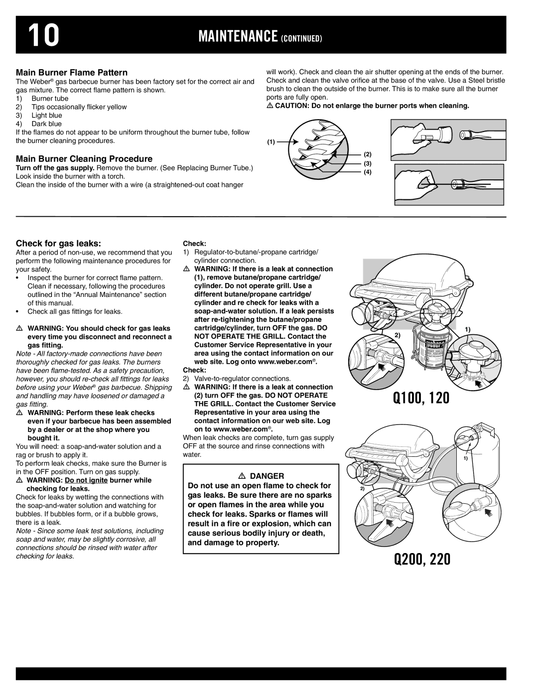 Weber 200, 100, 220, 120 owner manual Maintenance, Main Burner Flame Pattern, Main Burner Cleaning Procedure 