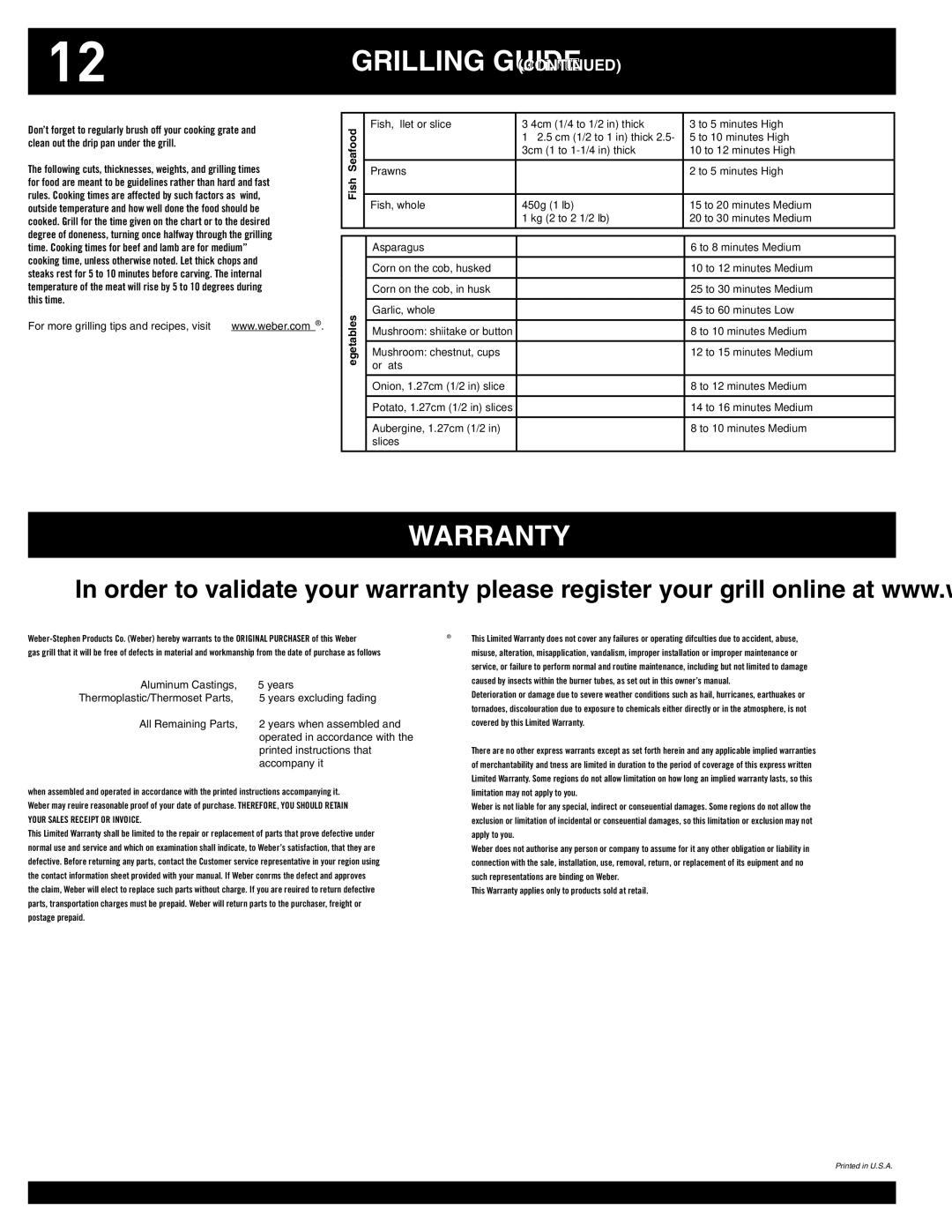 Weber 100, 220, 200, 120 owner manual Warranty, Grilling Guide 