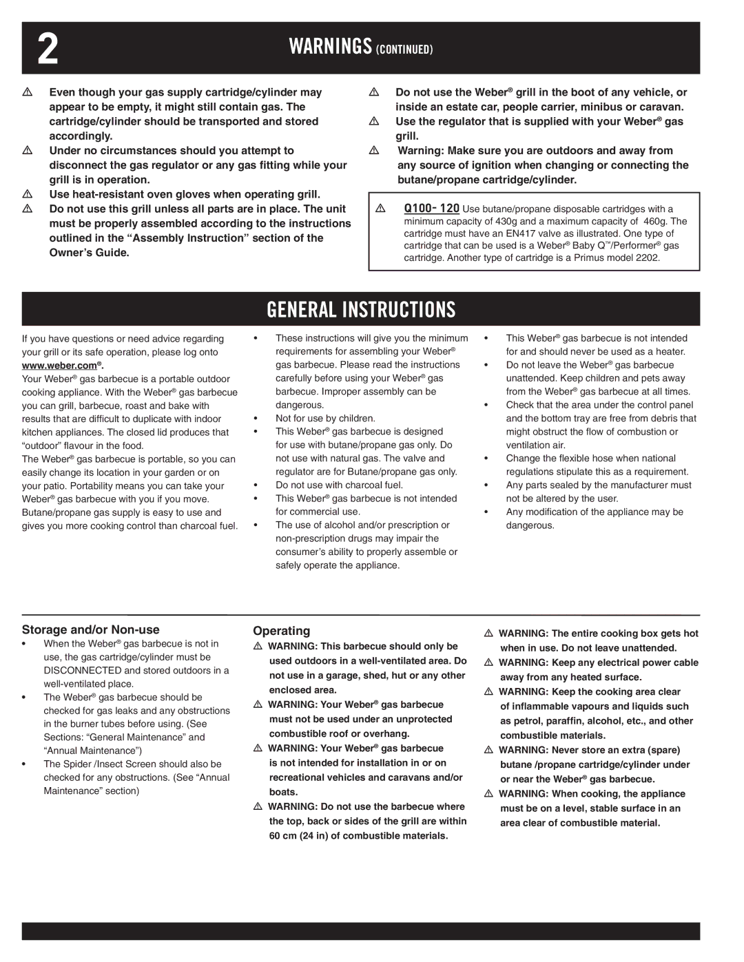 Weber 200, 100, 220, 120 owner manual General Instructions, Storage and/or Non-use, Operating 