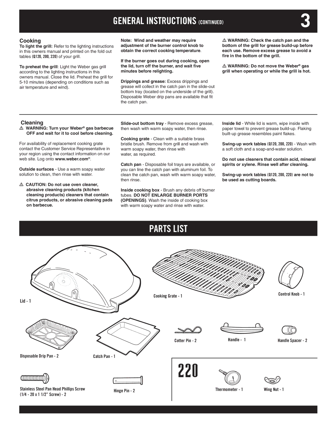 Weber 120, 100, 220, 200 owner manual Parts List, Cooking, Cleaning 