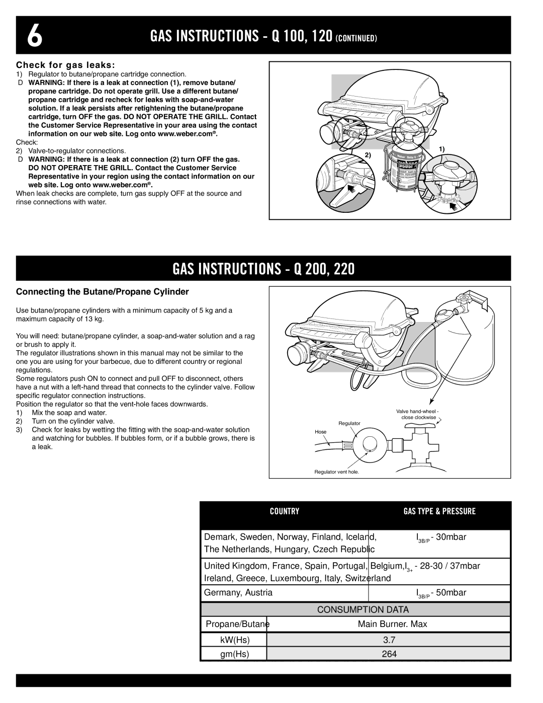 Weber 220, 120 owner manual GAS Instructions Q 200, GAS Instructions Q 100 