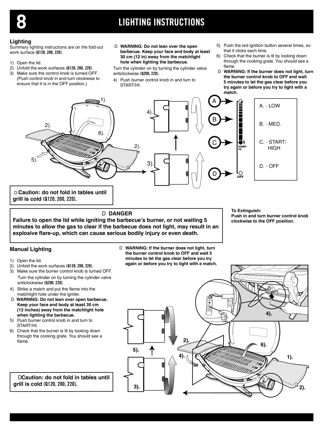 Weber 100, 220, 200, 120 owner manual Lighting Instructions, Manual Lighting, Low Med, Off 