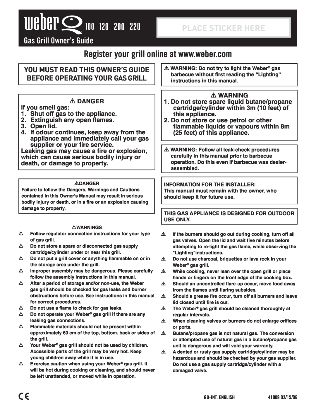 Weber LP GAS GRILL, 100, 220, 200 instruction manual #59779, LP Gas Grill Owner’s Guide Assembly - Pg, Place Sticker Here 