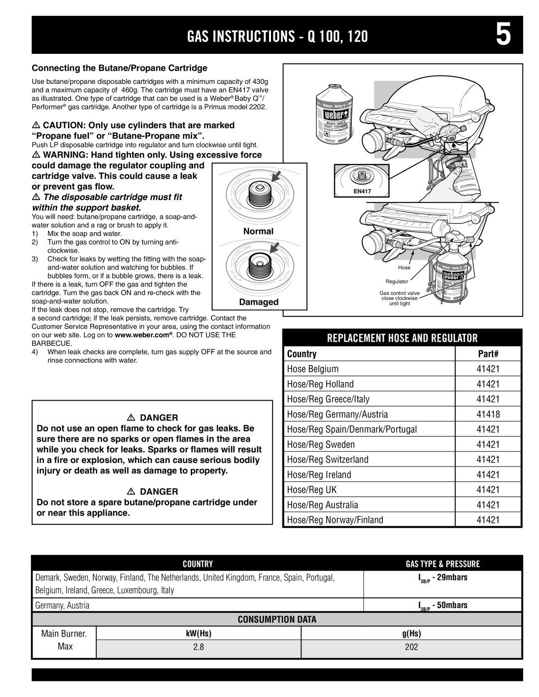 Weber 220, 100, 200, 120 owner manual Replacement Hose and Regulator, Gas Instructions - Q, Country, Consumption Data 
