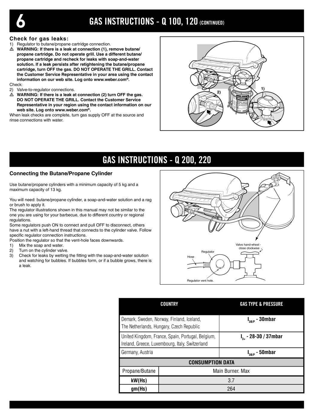 Weber 200, 220 owner manual Gas Instructions - Q, GAS INSTRUCTIONS - Q 100, 120 CONTINUED, Country, Gas type & pressure 