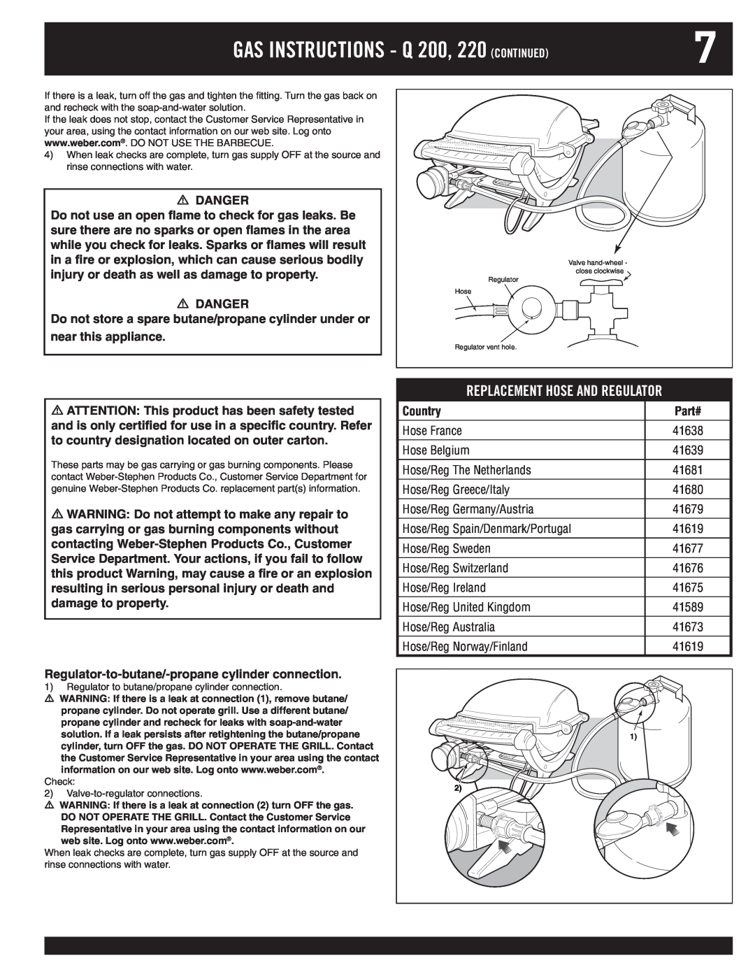 Weber 120, 100 owner manual GAS INSTRUCTIONS - Q 200, 220 CONTINUED, Replacement Hose and Regulator 