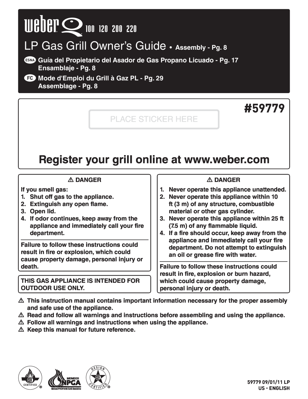 Weber 220, 100, 200, 120 owner manual Gas Grill Owner’s Guide, Place Sticker Here 