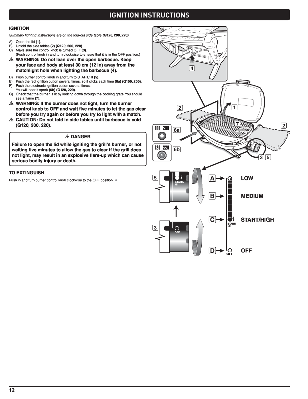 Weber 100, LP GAS GRILL, 220, 200, 120, 827020 instruction manual Ignition Instructions, Medium, D Off, Start/High 