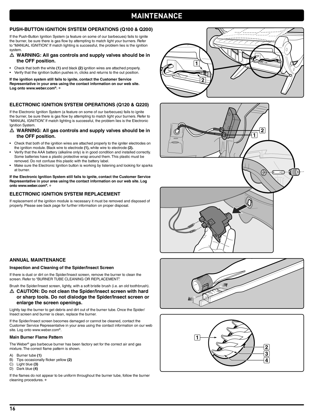 Weber 120, 100, LP GAS GRILL Maintenance, Inspection and Cleaning of the Spider/Insect Screen, Main Burner Flame Pattern 