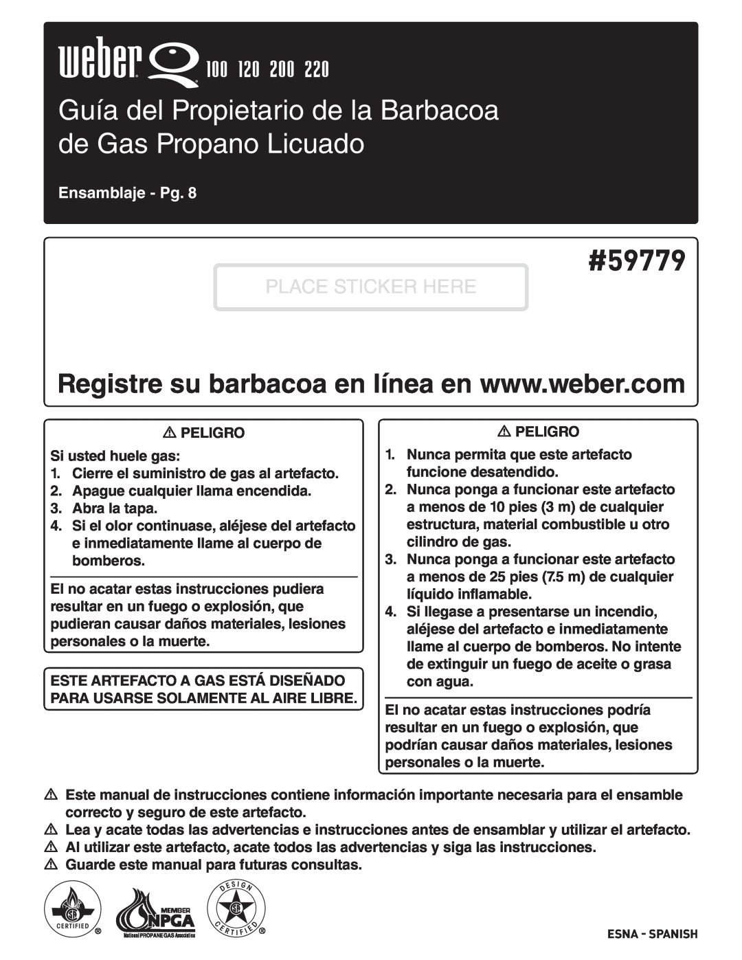 Weber 827020, 100 Guía del Propietario de la Barbacoa de Gas Propano Licuado, #59779, Place Sticker Here, Ensamblaje - Pg 
