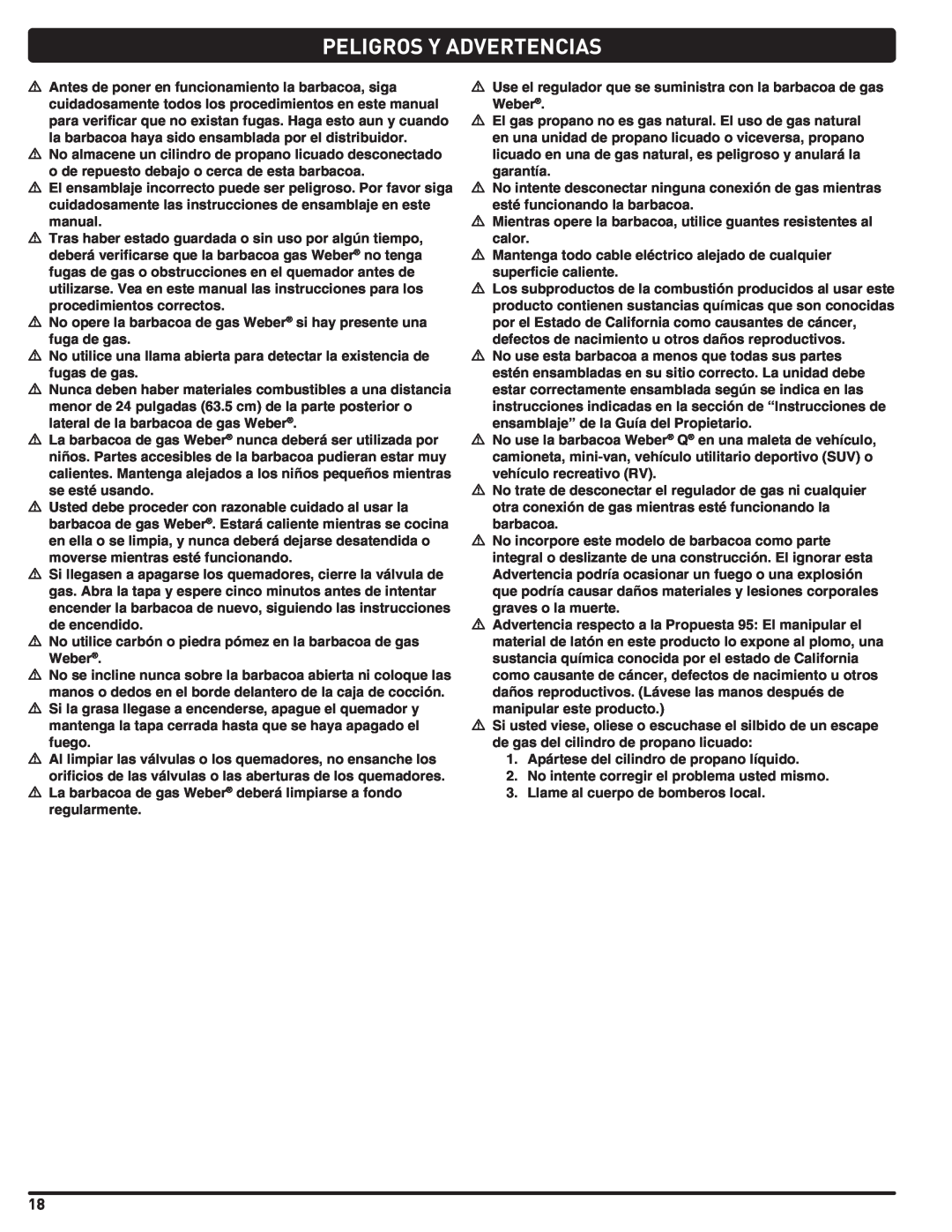Weber 100, LP GAS GRILL, 220, 200, 120, 827020 instruction manual Peligros Y Advertencias 