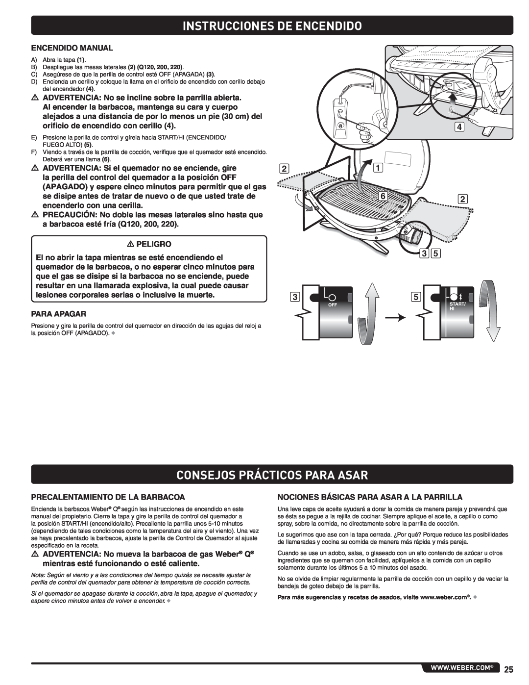 Weber LP GAS GRILL, 100, 220, 200, 120, 827020 instruction manual Consejos Prácticos Para Asar, Instrucciones De Encendido 