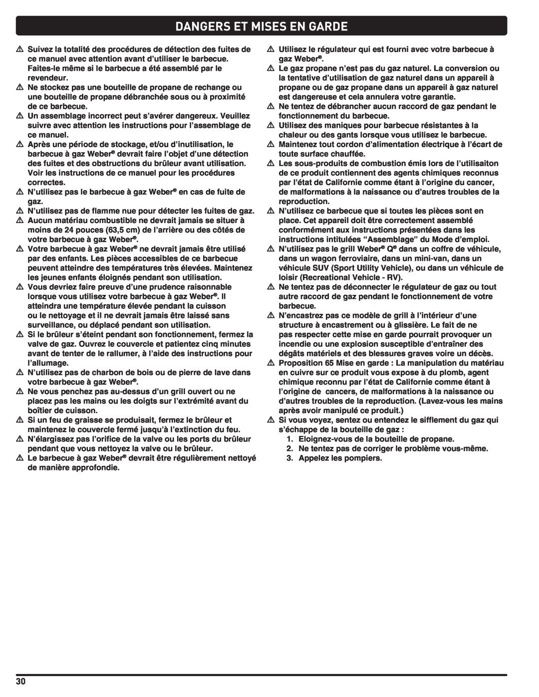 Weber 100, LP GAS GRILL, 220, 200, 120, 827020 instruction manual Dangers Et Mises En Garde 