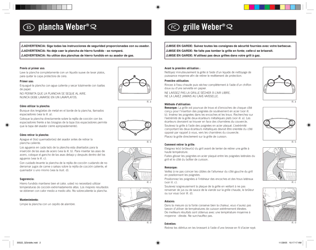 Weber 100 manual Primer uso, Cómo utilizar la plancha, Cómo retirar la plancha, Avant la première utilisation, Sugerencia 